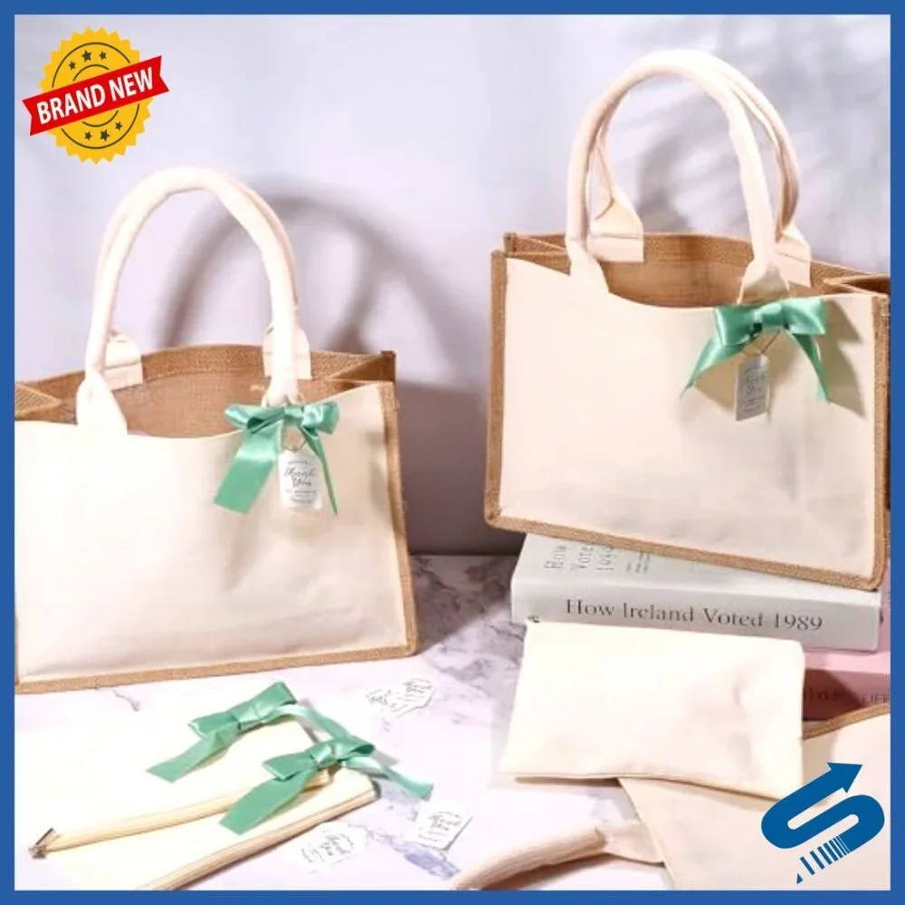 Jute Burlap Tote Bag Set Reusable Bridesmaid Gift Bags Boho Chic Wedding Party